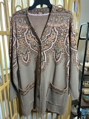 Patterned Boho Taupe Cardigan with Pink Accents